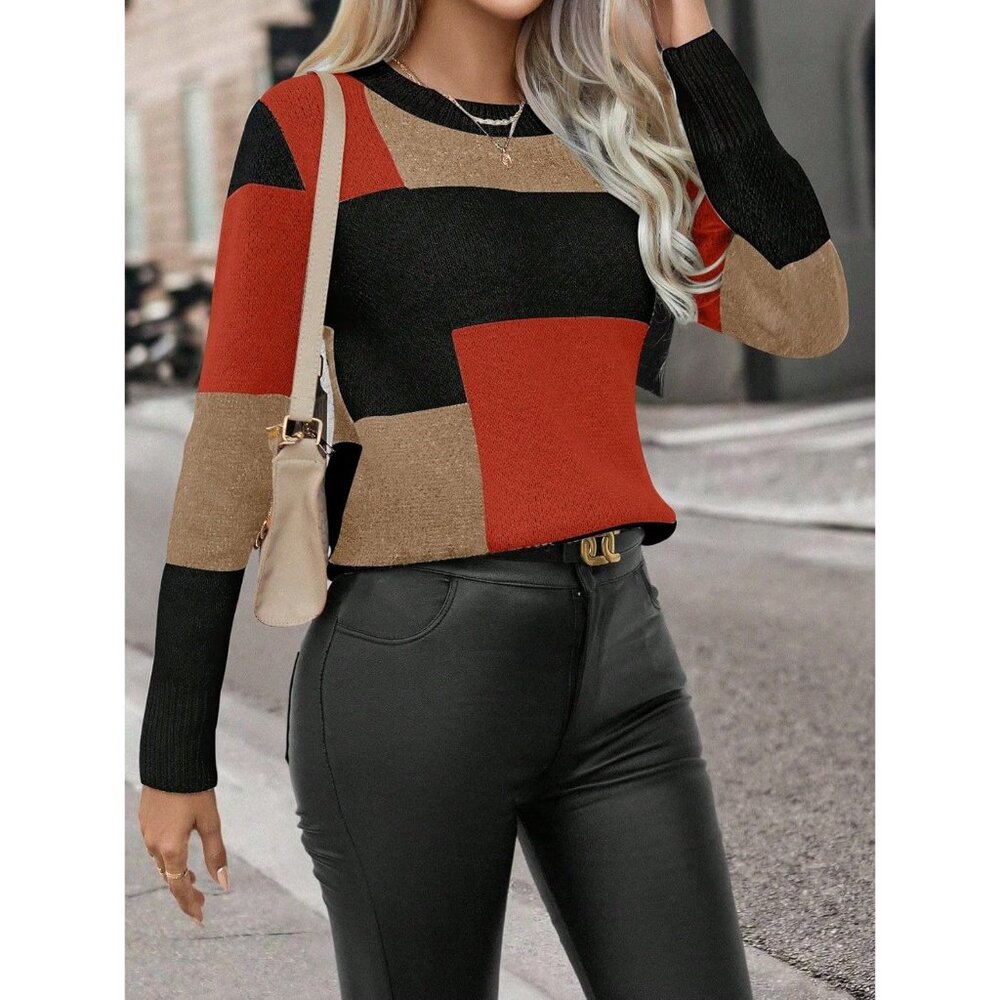 Color Block Patchwork Pullover Sweater For Women … - image 5